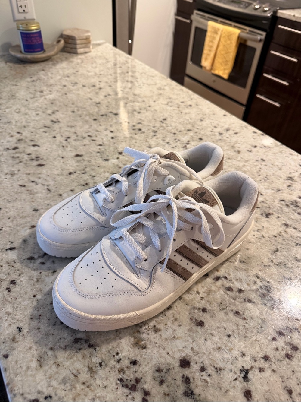 adidas White Athletic Sneakers with Tan Stripes